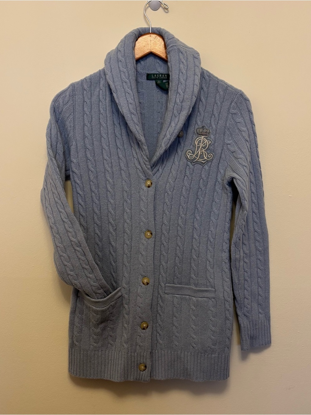 Lauren Ralph Lauren Baby Blue Wool Angora Cable-knit Crest Cardigan VNTG Small